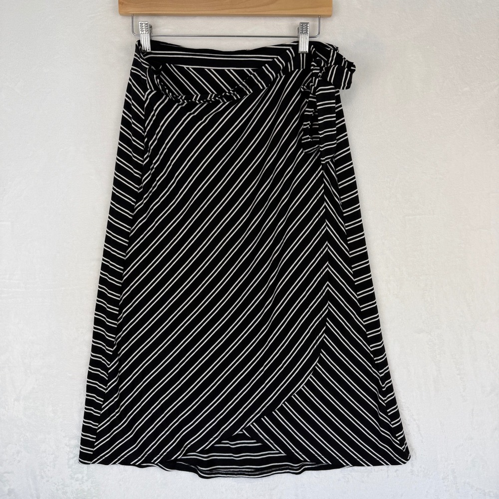 Adrienne Vittadini Black White Striped Wrap Midi‎ Skirt Womens Large Tie Waist